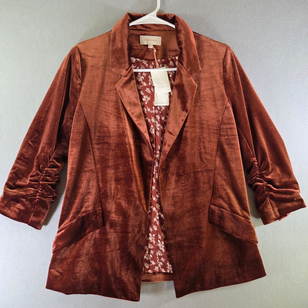 NWT Skies Are Blue Rust Brown Velvet Ruched 3/4 Sleeve Blazer XS Fall Boho Chic